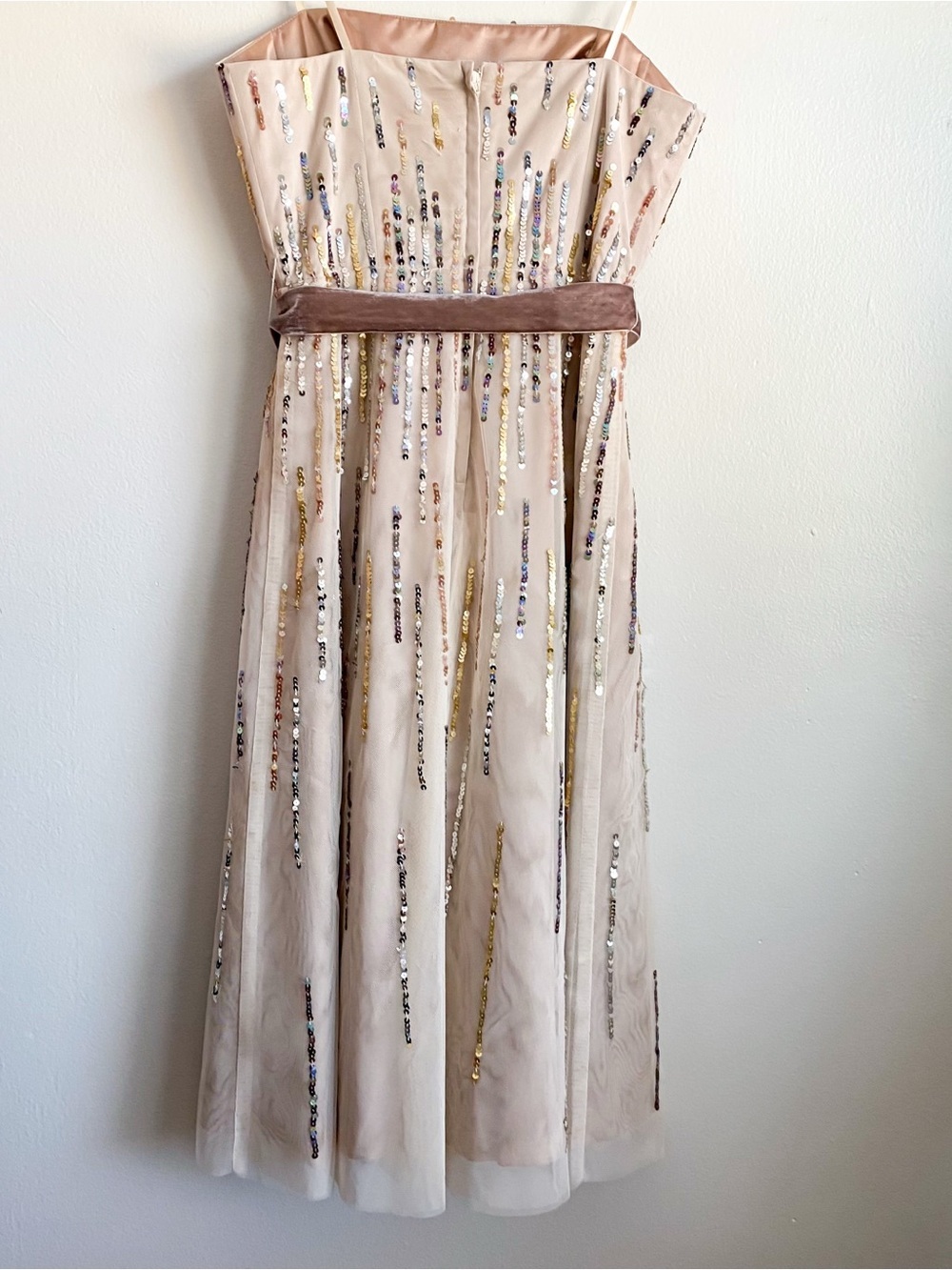 BCBGMAXAZRIA Sequin Tulle Midi Dress Taupe Brown Velvet Formal Events Wedding S - Picture 5 of 10